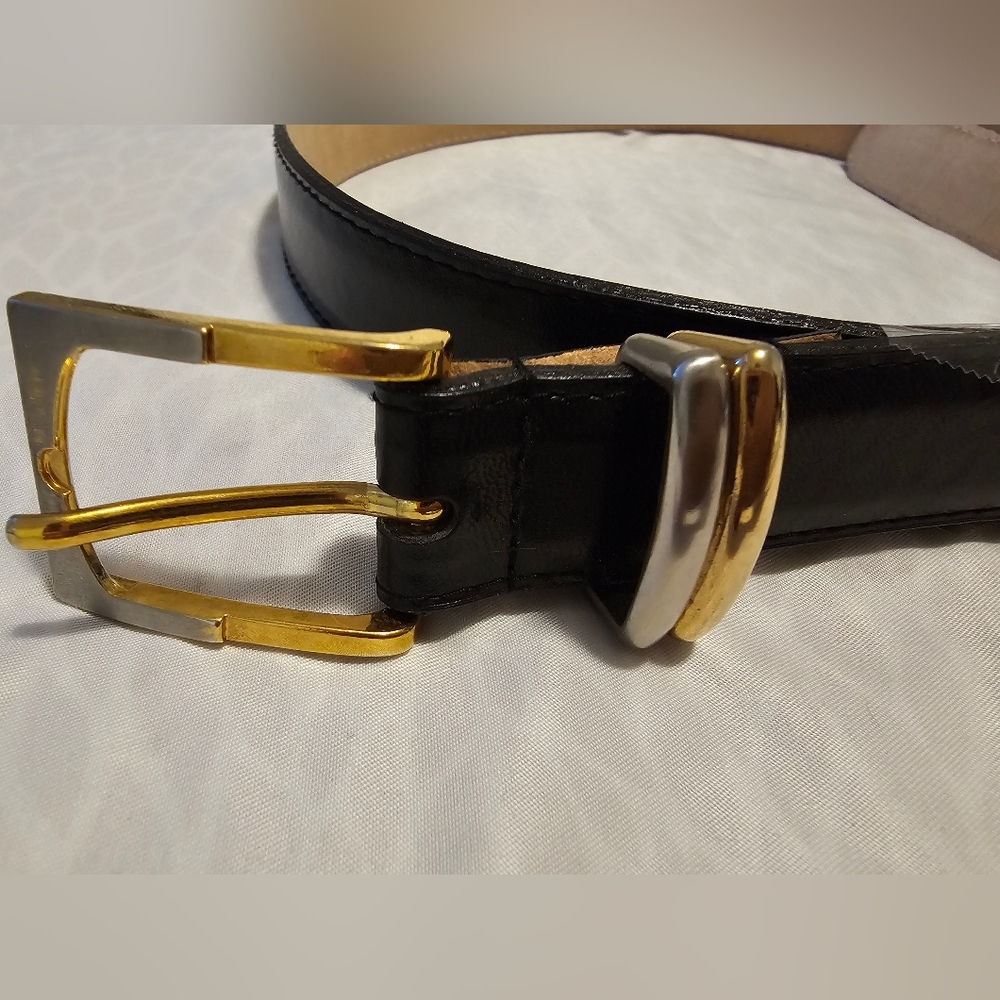 Cleo- Black Leather Belt with Gold and Silver Buckle Sz L